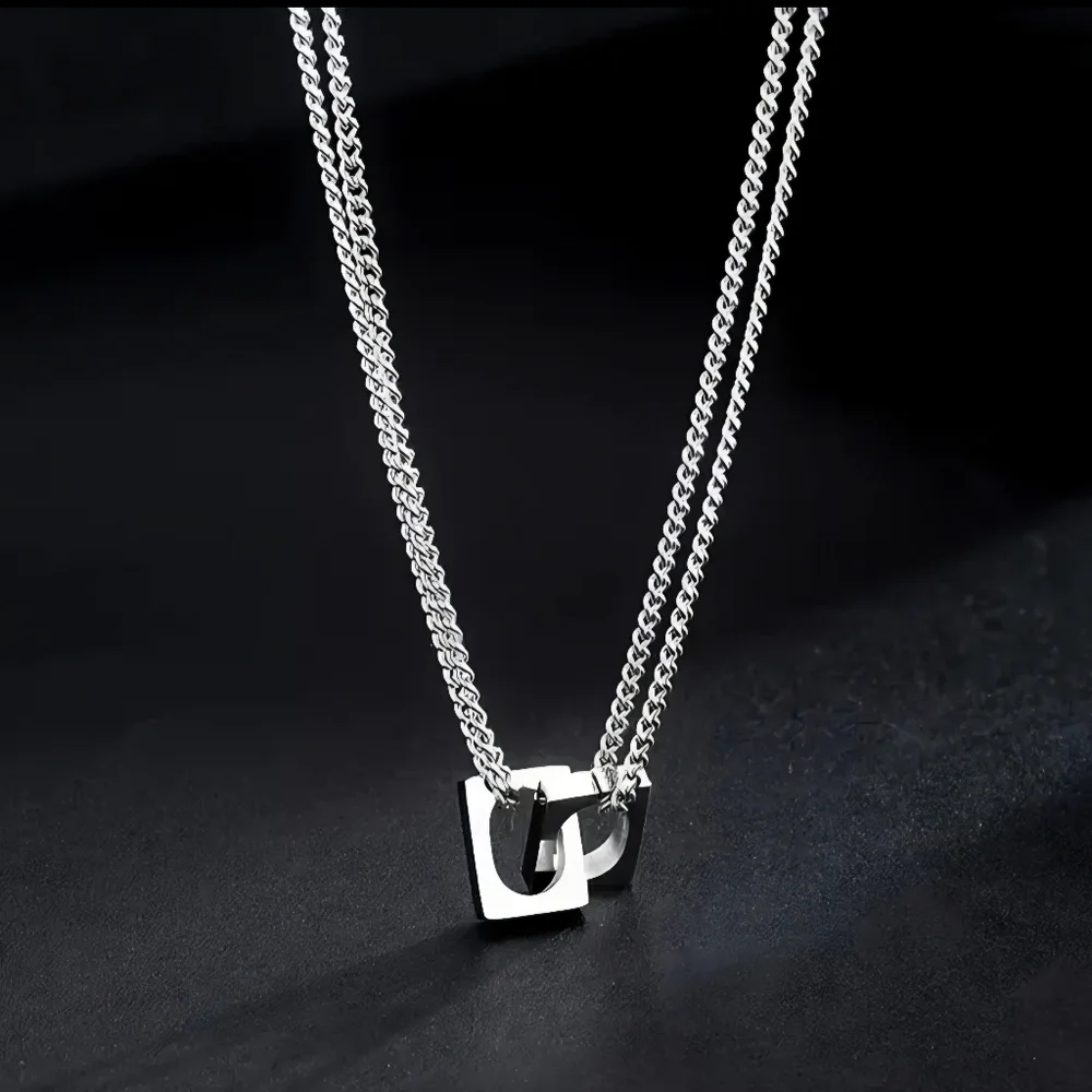 New Stainless Steel Double Square Chain Necklace - Picture 1 of 4